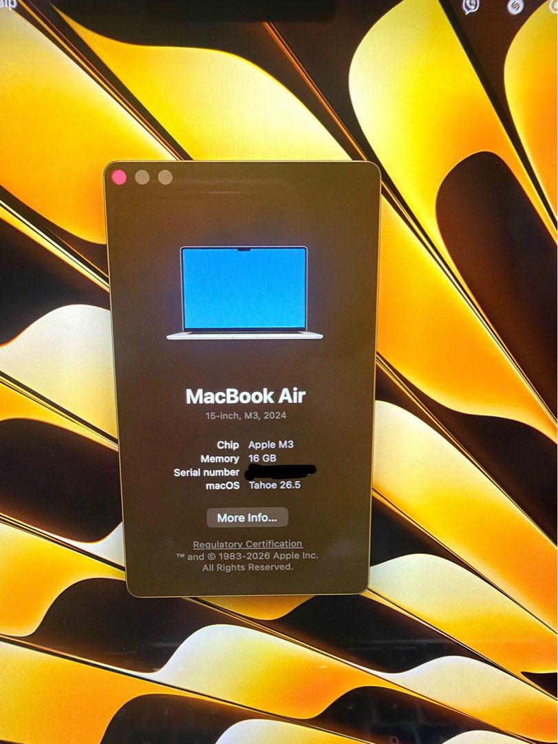 MacBook Air 15-inch M3 16/512 GB (Category: Laptops & Notebooks) located in Santa Rosa. Submitted by arby023 (Listing ID 1469297921, Image 3). Description: PERSONAL OWNED For Sale: Macbook Air M3 15 inch (Model: A3114) Color: Starlight 16 GB Unified Memory / 512 GB SSD OS MAC Tahoe 26.5 Bought at PMC Festival Mall, Alabang Complete with Receipt, Box, and Manual Backlit Keyboard OK Touch ID OK Cycle Count: 90 Maximum Battery Capacity: 97% With Cas