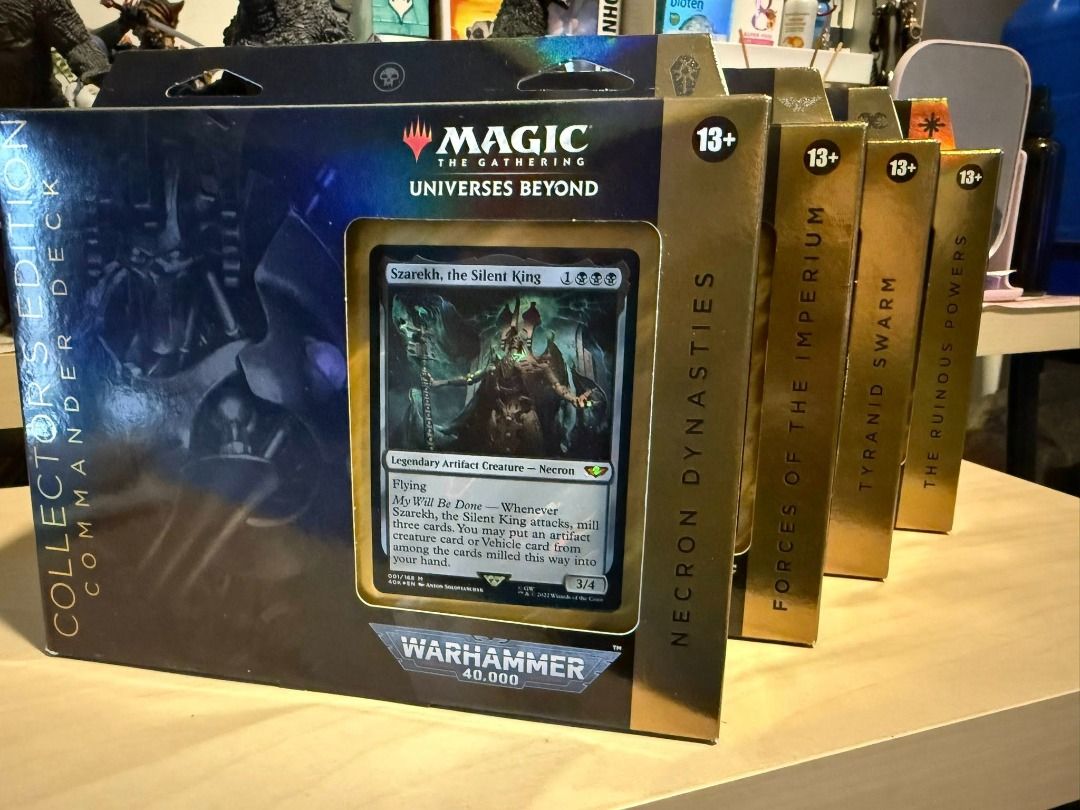 Magic: the Gathering Warhammer 40K Collector's Edition Commander Decks (Category: Raw Singles) located in Mandaluyong City. Submitted by foreverneon (Listing ID 1469341127, Image 1). Description: Magic: the Gathering Warhammer 40K Collector's Edition Commander Decks: Necron Dynasties Forces of the Imperium Tyranid Swarm The Ruinous Powers.