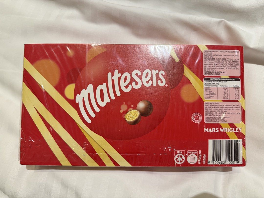 Maltesers Gift Box 360g (Category: Packaged & Instant Food) located in Manila. Submitted by itsarah (Listing ID 1469275517, Image 2). Description: Large box of Maltesers chocolates, 360 grams. Sealed in original plastic wrap. Best before date 13 July 2027 printed on the side panel. Made in Australia by Mars Wrigley..