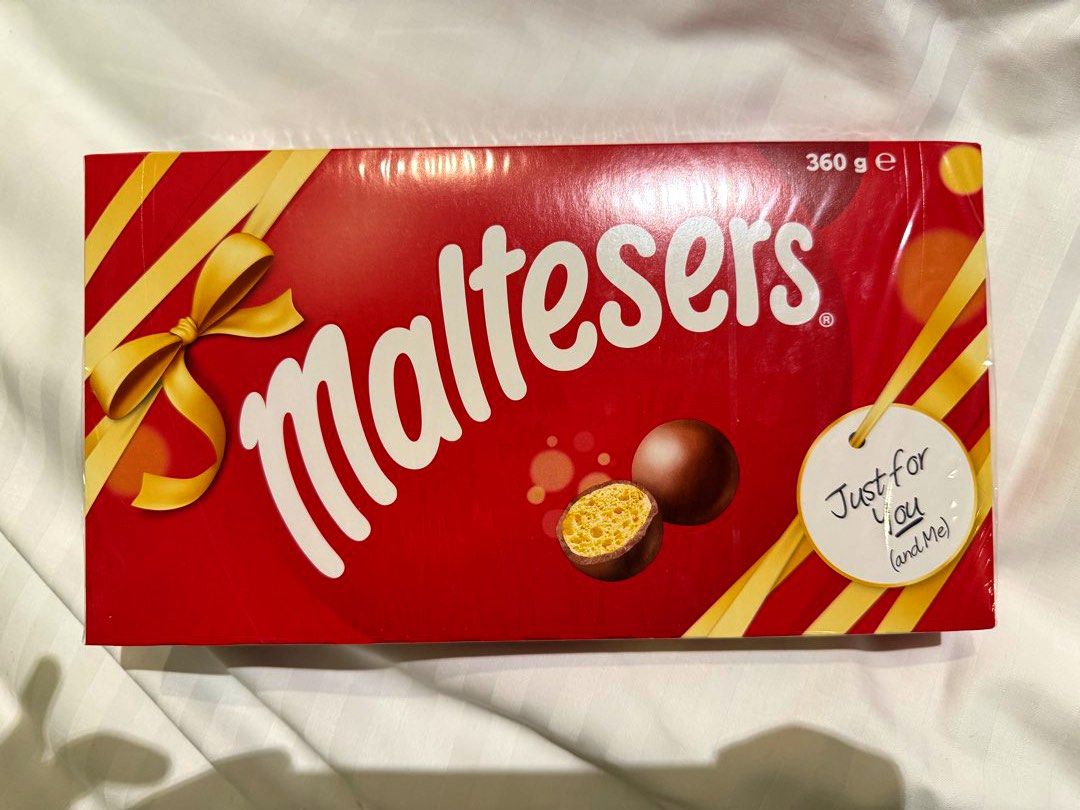 Maltesers Gift Box 360g (Category: Packaged & Instant Food) located in Manila. Submitted by itsarah (Listing ID 1469275517, Image 1). Description: Large box of Maltesers chocolates, 360 grams. Sealed in original plastic wrap. Best before date 13 July 2027 printed on the side panel. Made in Australia by Mars Wrigley..