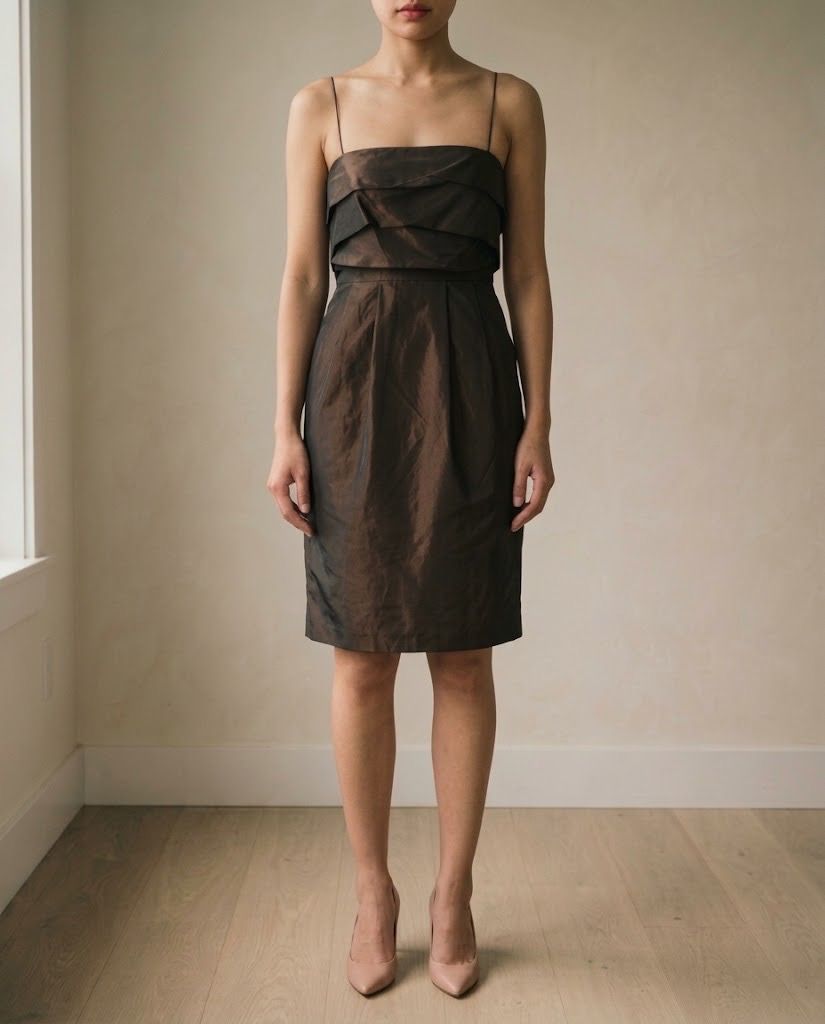 MANGO BROWN METALIC DRESS (Category: Evening dresses & gowns) located in Marikina City. Submitted by minimalistmanila (Listing ID 1469276671, Image 1). Description: Mango dark brown metallic dress. S-M size. 17 inch bust, 34 inch ength. From Mango Singapore. Worn once. Order now! .