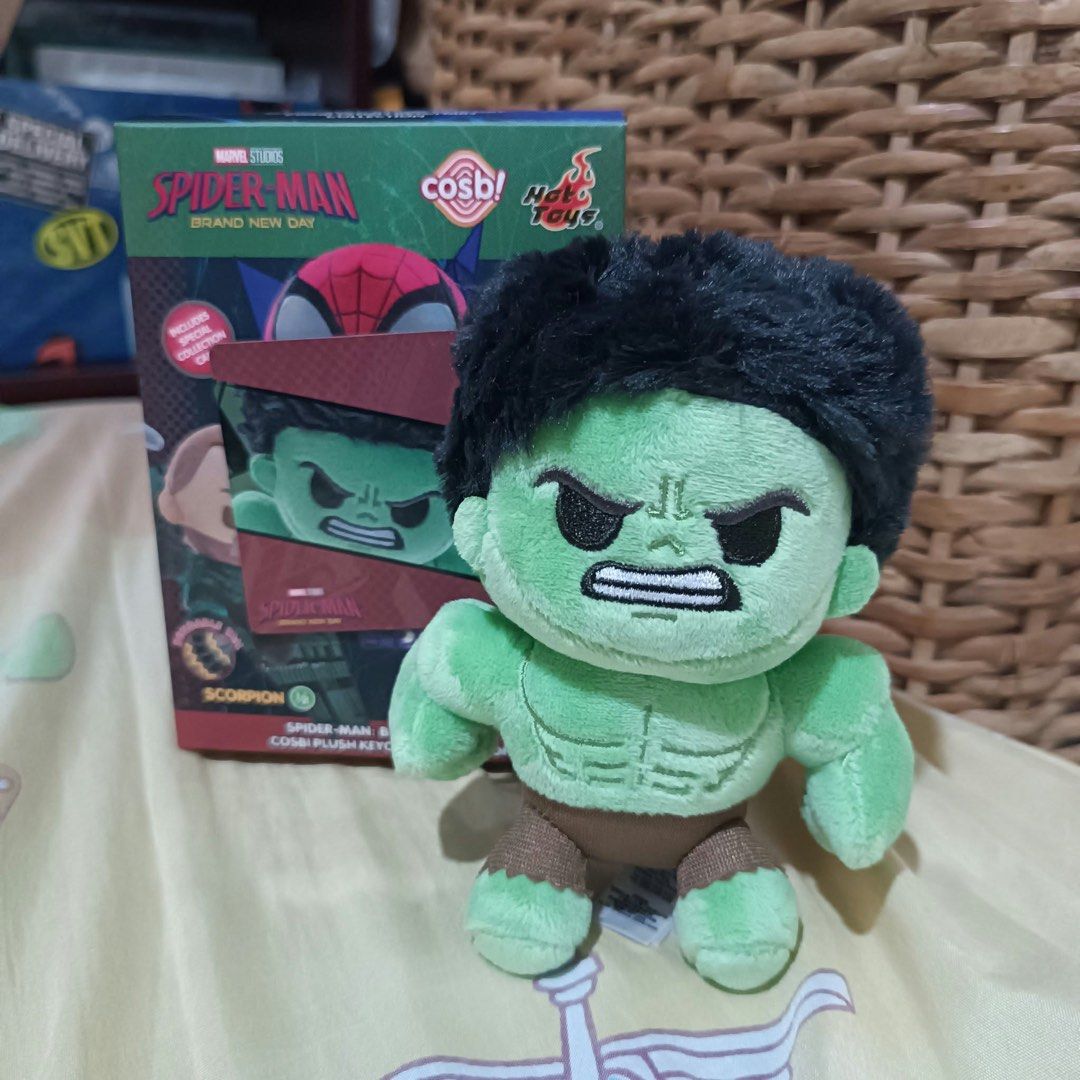 Marvel Spider-Man Cosbi Hulk Plush Keychain (Category: Plushies & Soft Toys) located in Taguig. Submitted by lfcnatividad (Listing ID 1469188964, Image 1). Description: - Authentic Hot Toys Marvel Spider-Man Cosbi plush keychain - Full inclusions - Clean and well-maintained condition - Perfect for bag decoration or Marvel collections - Opened box to see pull.