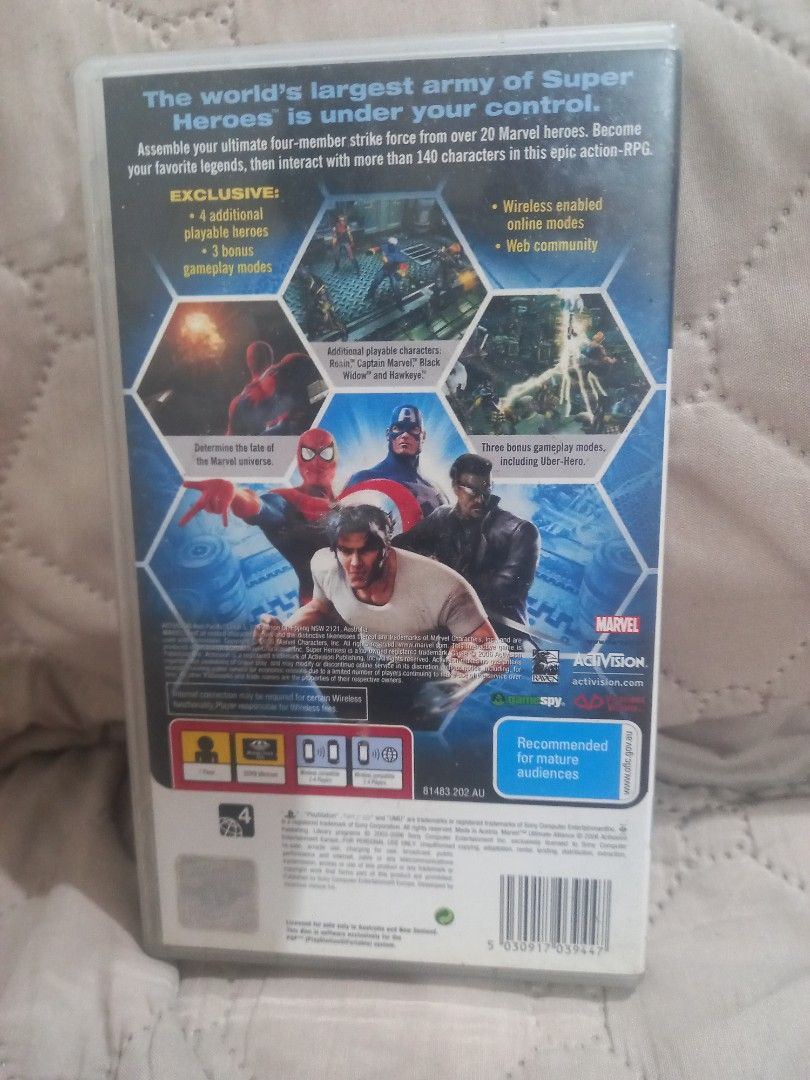 Marvel Ultimate Alliance PlayStation Portable PSP Game (Category: PlayStation) located in Valenzuela. Submitted by retro.rush (Listing ID 1469307384, Image 2). Description: - Platform: PlayStation Portable (Australian release) - Genre: Action RPG with Mature rating - Gameplay: Assemble a 4-hero strike force from over 20 Marvel characters and interact with 140+ characters - Features: Multiplayer modes and exclusive bonus characters including Black