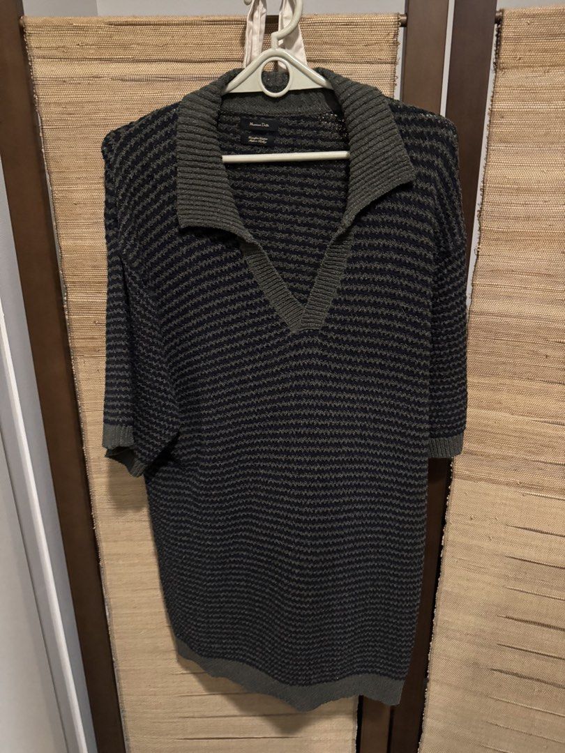 Massimo Dutti Knit Polo Shirt Size L (Category: Tshirts & Polo Shirts ) located in Taguig. Submitted by dependingonvibe (Listing ID 1469273219, Image 1). Description: Massimo Dutti knit polo shirt in dark green, grey and navy blue stripes. Short sleeves, spread collar with V-neck placket. Made from extrafine cotton in Turkey. Size Large across EUR, USA, and MEX sizing tags. Ribbed collar, cuffs, and hem. Width: 22” // length 30” Comfortable textu