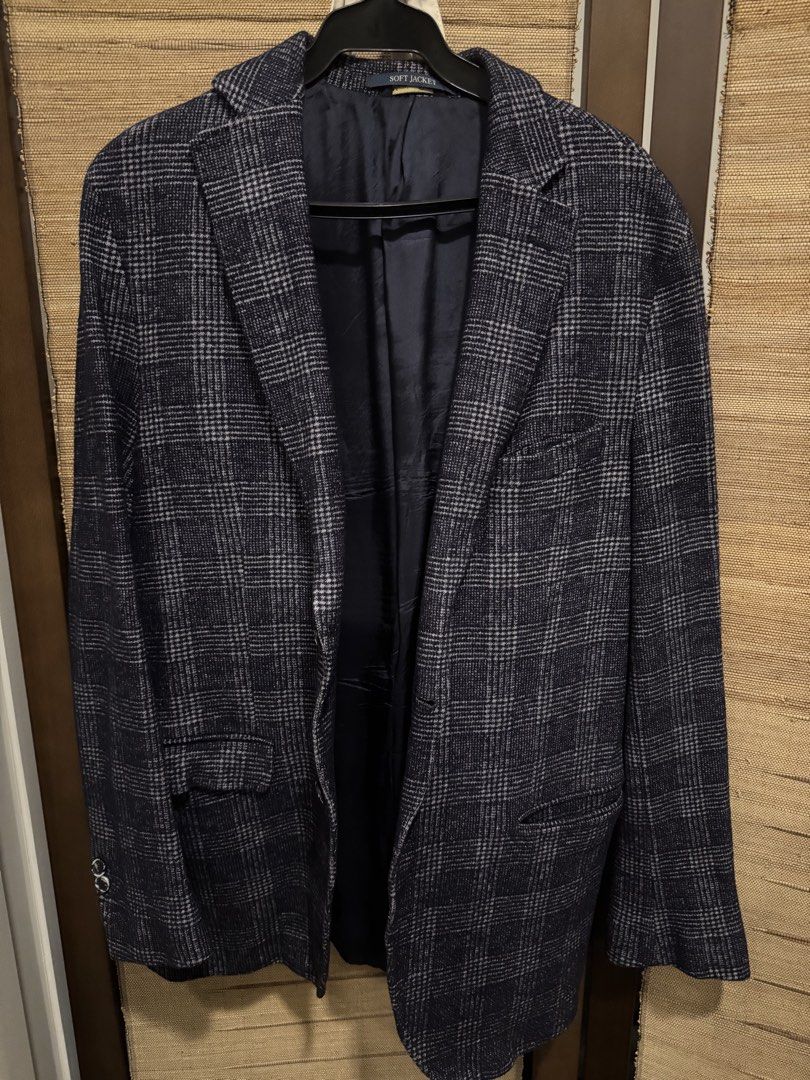 Massimo Dutti Soft Jacket Checked Blazer (Category: Coats, Jackets and Outerwear) located in Taguig. Submitted by dependingonvibe (Listing ID 1469277545, Image 1). Description: - Brand: Massimo Dutti - Style: Single-breasted soft jacket in a dark blue and grey check pattern - Material: Finest Italian fabric with full dark lining - Size: 54 / 185/100A - Features: Convenient inner pockets for essentials - Occasion: Ideal for formal events, office w