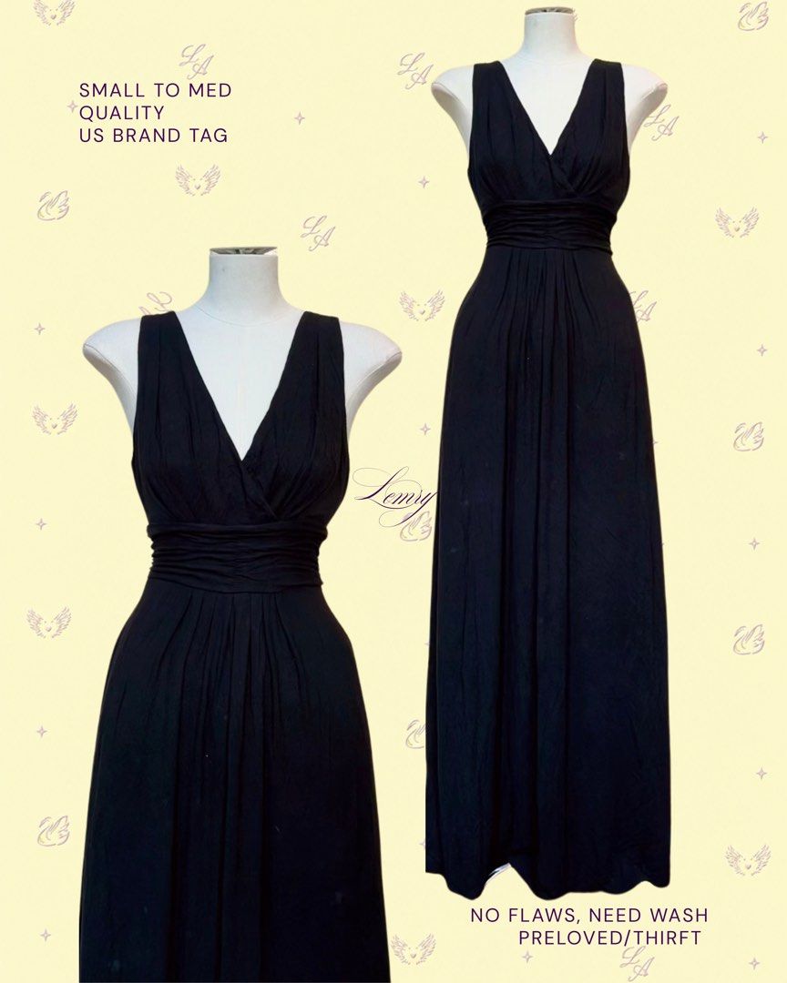 maxi vneck us brand (Category: Dresses) located in Baguio. Submitted by boughtoomuch (Listing ID 1469335490, Image 1). Description: - Style: Black maxi dress with V-neck and sleeveless design - Fit: Sized small to medium with a flattering gathered waistband - Details: Flowy pleated skirt and authentic US brand tag - Condition: Preloved thrift find with no flaws noted - Care: Needs a wash before wearing.