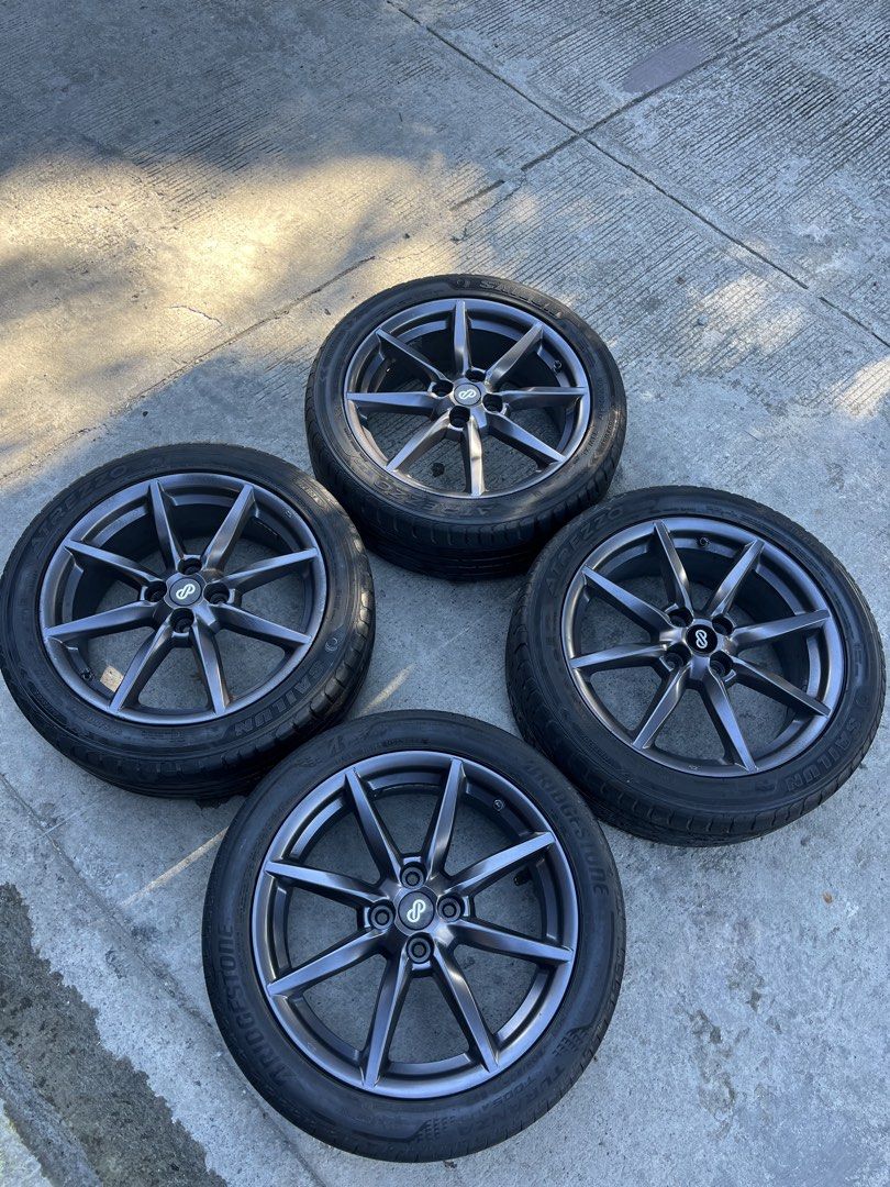 Mazda Miata Mags (Category: Mags and Tires) located in Binan City. Submitted by eva.unit.07 (Listing ID 1469168931, Image 1). Description: For Sale / Swap Miata Enkei 17s with tires 4pcs / 1 set Specs: 17x7 inch 4x100 +45 offset Center bore 54.1mm 205/45/17 2pcs Sailun Atrezzo ZSR DOT 21 | 1pc Sailun Atrezzo ZSR DOT 22 | 1pc Bridgestone Turanza DOT 22 OEM wheels for Mazda Miata. Used set with decent tires. Open for swap to aftermarket wheels of s