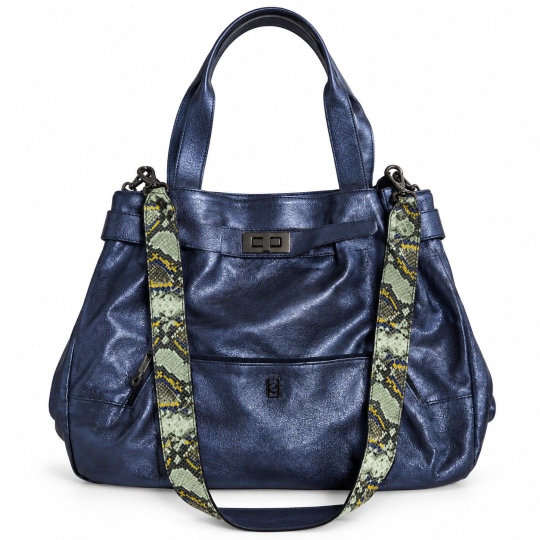Metallic Blue Shoulder Bag With Snake Print Strap (Category: Shoulder Bags) located in Quezon City. Submitted by gorgeousvixen051893 (Listing ID 1469339038, Image 1). Description: - Color: Metallic blue with green and yellow snake print strap - Style: Slouchy everyday tote bag - Straps: Double top handles and detachable snake print shoulder strap - Closure: Twist lock on front flap - Hardware: Dark-toned metal - Interior: Includes handy zip pocke