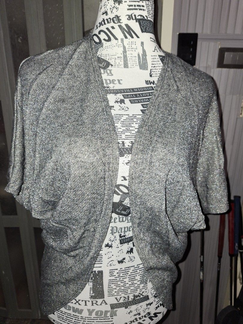 Metallic silver shrug cardigan bolero (Category: Coats, Jackets and Outerwear) located in Manila. Submitted by mialiurshop (Listing ID 1469226921, Image 2). Description: - Color: Sparkly silver with a shimmer knit finish - Design: Open front with short sleeves - Fit: Cropped length, hits right at the waist - Style: Great layering piece for evening wear and parties - Condition: Excellent.