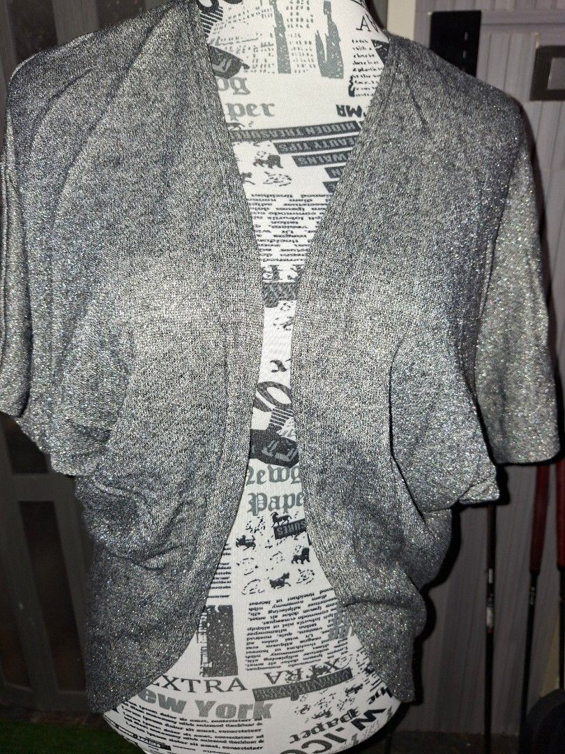 Metallic silver shrug cardigan bolero (Category: Coats, Jackets and Outerwear) located in Manila. Submitted by mialiurshop (Listing ID 1469226921, Image 1). Description: - Color: Sparkly silver with a shimmer knit finish - Design: Open front with short sleeves - Fit: Cropped length, hits right at the waist - Style: Great layering piece for evening wear and parties - Condition: Excellent.