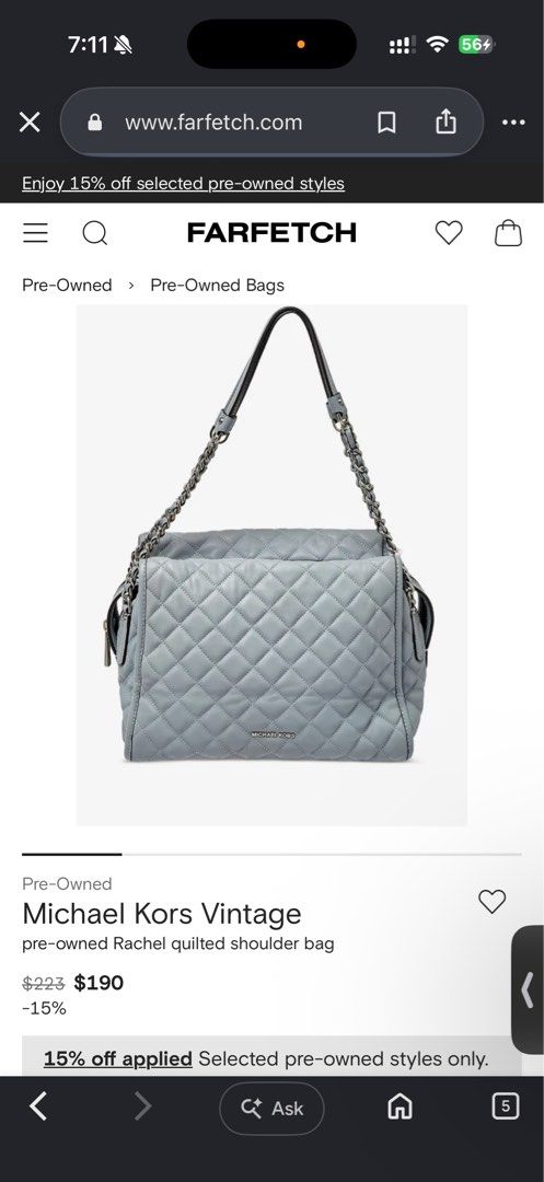 Michael Kors Rachel Quilted Shoulder Bag (Category: Shoulder Bags) located in Iloilo. Submitted by miafinds (Listing ID 1469278001, Image 1). Description: - Brand: Michael Kors - Model: Rachel Quilted Shoulder Bag - Color: Light Grey with silver-tone hardware - Material: Premium leather - Features: Zip-top closure, chain strap details, front logo lettering - Interior: Signature monogram fabric lining with slip and zip pockets - Inclusions: Offici