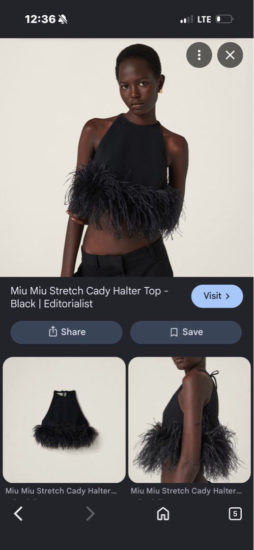 Miu Miu Stretch Cady Halter Top with Feathers (Category: Sleeveless) located in Pozorrubio. Submitted by zionegotthrift (Listing ID 1469199230, Image 2). Description: - Brand: Miu Miu - Style: Stretch cady halter top with tie closure - Color: Black - Size: 38 (PH S/M) - Material: Virgin wool and elastane - Special Detail: Genuine ostrich feather trim along the hem - Inclusions: Original designer label and composition tags attached.