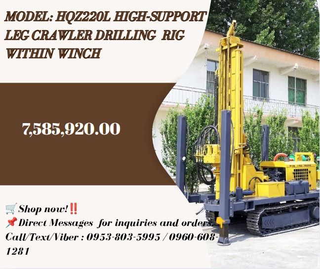 Model: HQZ220L HIGH-SUPPORT LEG CRAWLER DRILLING RIG WITHIN WINCH (Category: Everything Else Others) located in Caloocan City. Submitted by 09059603908 (Listing ID 1469201085, Image 1). Description: 🎯Tower 3 meters 🎯Drilling diameter (mm): 130-230 🎯Drilling depth (m): 220 🎯One-time propulsion length (m): 3.6 🎯Maximum climbing ability of a single machine 30 🎯Engine brand Yuchai 🎯Main engine power 58kw 🎯Drill rod diameter mm 76/89 🎯Drill r