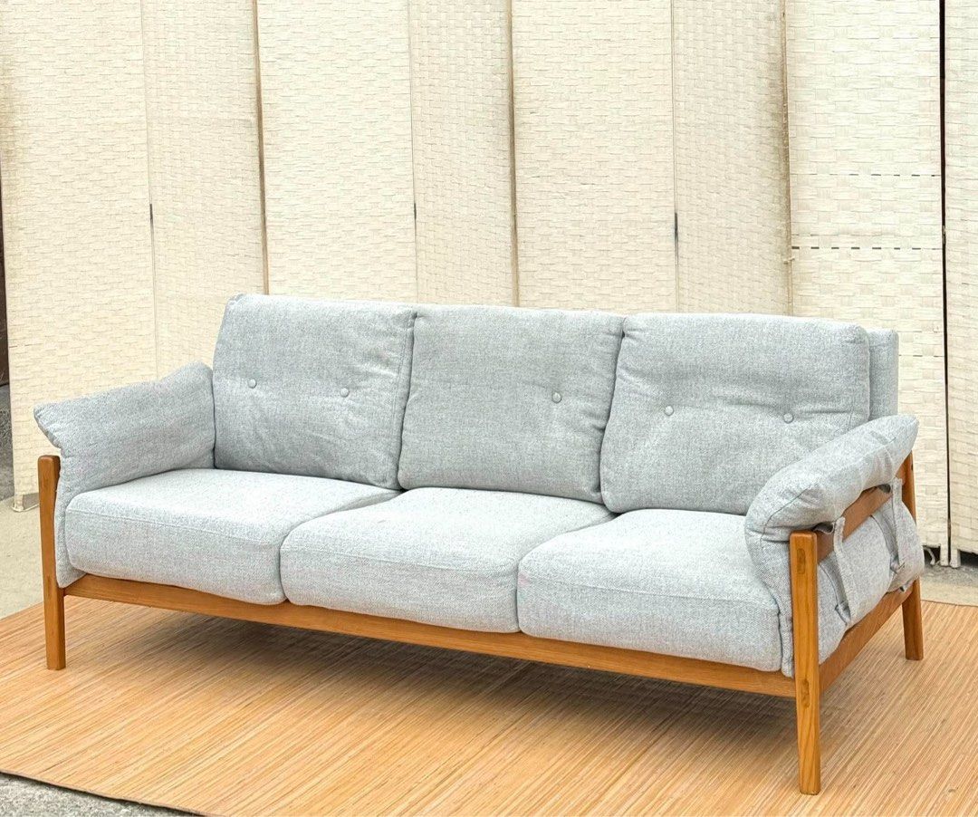 Modern Sofa (Category: Sofas) located in Manila. Submitted by elliefurnies31 (Listing ID 1469281970, Image 3). Description: JAPAN SURPLUS UNICO NOMA SCANDINAVIAN OAKWOOD 3 SEATER WOODEN FABRIC SOFA IN GOOD CONDITION SIZE: 16H x 73L x 31W inches.