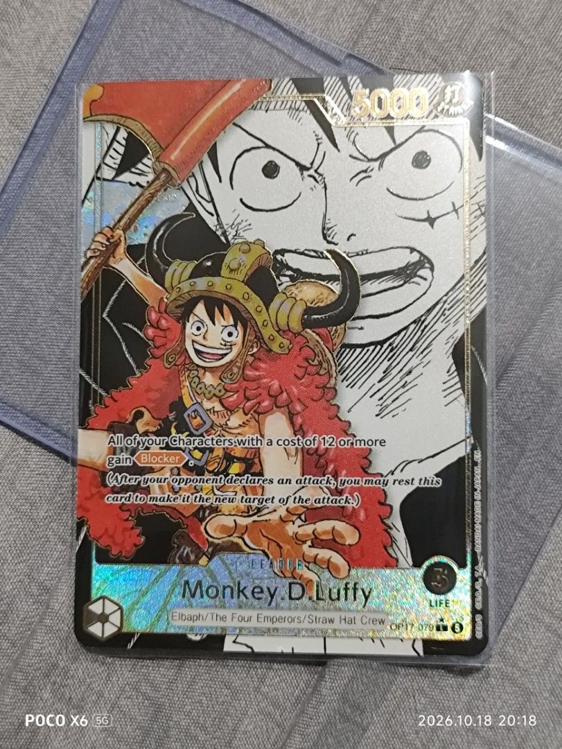 Monkey D. Luffy OP17-079 Leader (Category: Raw Singles) located in Bacoor. Submitted by eljae30 (Listing ID 1469332792, Image 1). Description: For Sale OP17 Parallel Manga Luffy Issue: may dent sa bottom part sa likod Offer nalang kau boss sa interested Location: Bacoor, Cavite.