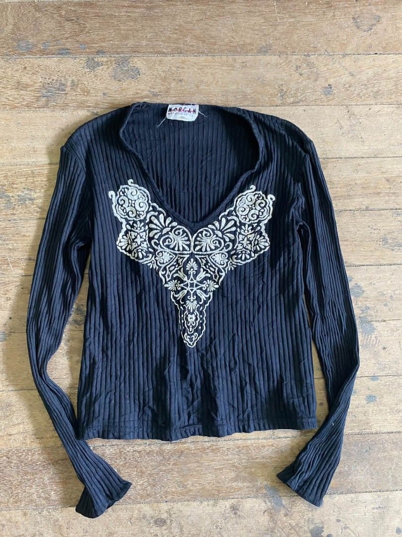 Morgan de Toi ribbed long-sleeve top (Category: Longsleeves) located in Cebu City. Submitted by mngthms (Listing ID 1469250249, Image 1). Description: Morgan de Toi ribbed long-sleeve top in black, highlighted by its distinctive, intricate V-shaped white chest embroidery.