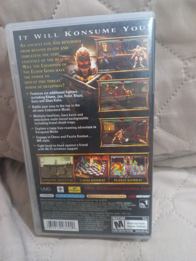 Mortal Kombat Unchained PSP UMD Game (Category: PlayStation) located in Valenzuela. Submitted by retro.rush (Listing ID 1469312908, Image 2). Description: - Game: Mortal Kombat Unchained for PlayStation Portable (PSP) - Condition: UMD format inside original plastic case, fully playable - ESRB Rating: M for Mature - Key Features: Classic fighting action, multiple fatalities, and hara-karis - Exclusive Extras: Additional playable fighters like Kita