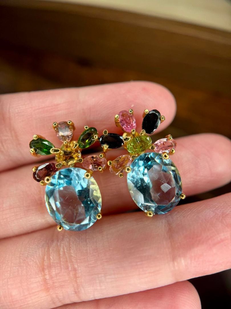Natural Blue Topaz & Multicolor Tourmaline Statement Earrings (Category: Earrings) located in Baguio. Submitted by asna_taku (Listing ID 1469267208, Image 3). Description: 💎 Natural Blue Topaz & Multicolor Tourmaline Statement Earrings For the ladies who love jewelry that makes an entrance! ✨ Just look at those gorgeous faceted blue topaz gemstones — captivating aqua-blue brilliance paired with a beautiful garden of colorful natural tourmalines 