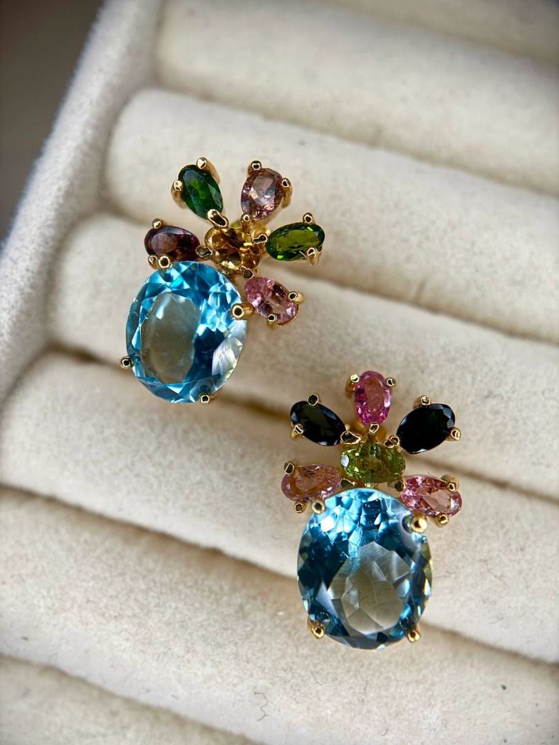 Natural Blue Topaz & Multicolor Tourmaline Statement Earrings (Category: Earrings) located in Baguio. Submitted by asna_taku (Listing ID 1469267208, Image 1). Description: 💎 Natural Blue Topaz & Multicolor Tourmaline Statement Earrings For the ladies who love jewelry that makes an entrance! ✨ Just look at those gorgeous faceted blue topaz gemstones — captivating aqua-blue brilliance paired with a beautiful garden of colorful natural tourmalines 