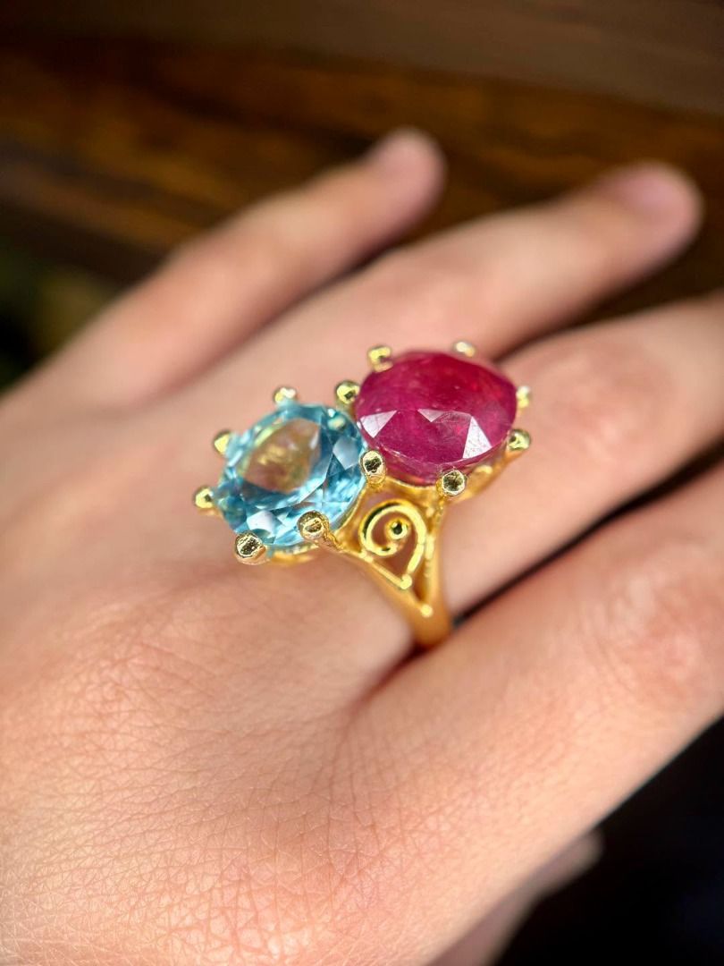 Natural Ruby & Blue Topaz in Chunky Silver Plated in Gold Setting (Category: Rings) located in Baguio. Submitted by asna_taku (Listing ID 1469263721, Image 3). Description: ❤️ Natural Ruby & Blue Topaz in Chunky Silver Plated in Gold Setting ❤️ Two gorgeous gemstones, one statement-making ring! 💎✨ The rich pink-red ruby paired with brilliant blue topaz creates a striking color contrast, finished with a chunky gold-tone setting for a bold, luxuri