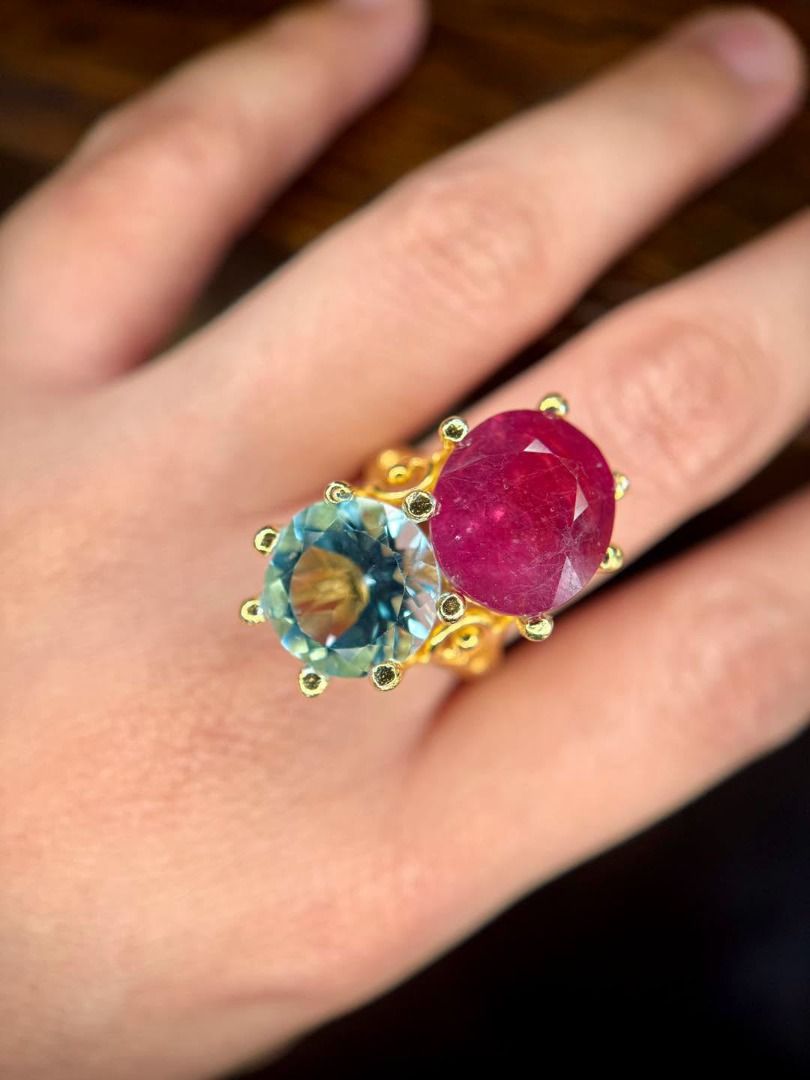 Natural Ruby & Blue Topaz in Chunky Silver Plated in Gold Setting (Category: Rings) located in Baguio. Submitted by asna_taku (Listing ID 1469263721, Image 2). Description: ❤️ Natural Ruby & Blue Topaz in Chunky Silver Plated in Gold Setting ❤️ Two gorgeous gemstones, one statement-making ring! 💎✨ The rich pink-red ruby paired with brilliant blue topaz creates a striking color contrast, finished with a chunky gold-tone setting for a bold, luxuri