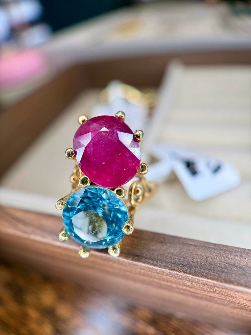 Natural Ruby & Blue Topaz in Chunky Silver Plated in Gold Setting (Category: Rings) located in Baguio. Submitted by asna_taku (Listing ID 1469263721, Image 1). Description: ❤️ Natural Ruby & Blue Topaz in Chunky Silver Plated in Gold Setting ❤️ Two gorgeous gemstones, one statement-making ring! 💎✨ The rich pink-red ruby paired with brilliant blue topaz creates a striking color contrast, finished with a chunky gold-tone setting for a bold, luxuri