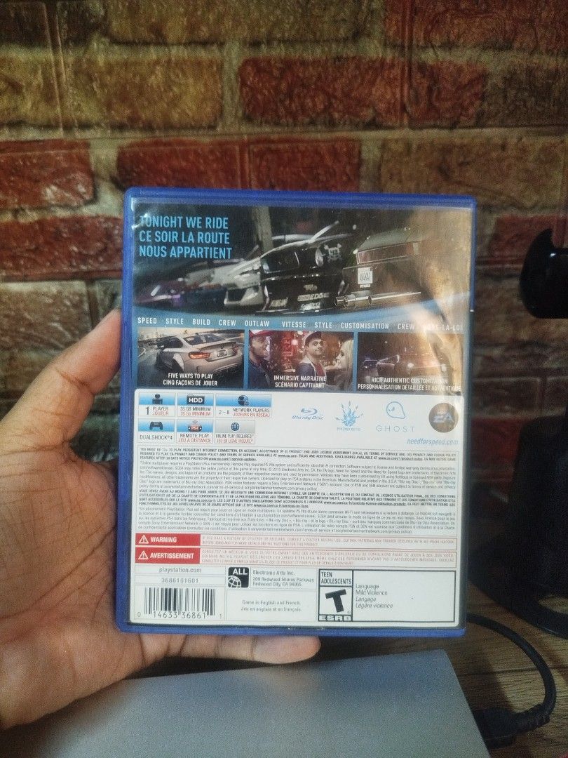 Need for Speed PS4 Game (Category: PlayStation) located in Binan City. Submitted by pumpkiiin02 (Listing ID 1469234700, Image 2). Description: - Game: Need for Speed for PlayStation 4 - Inclusions: Original case, game disc, and manual (as seen in photos) - ESRB Rating: T for Teen - Compatibility: Fully playable on standard PS4 consoles - Condition: Tested and working perfectly - Meet-ups and shipping options available.