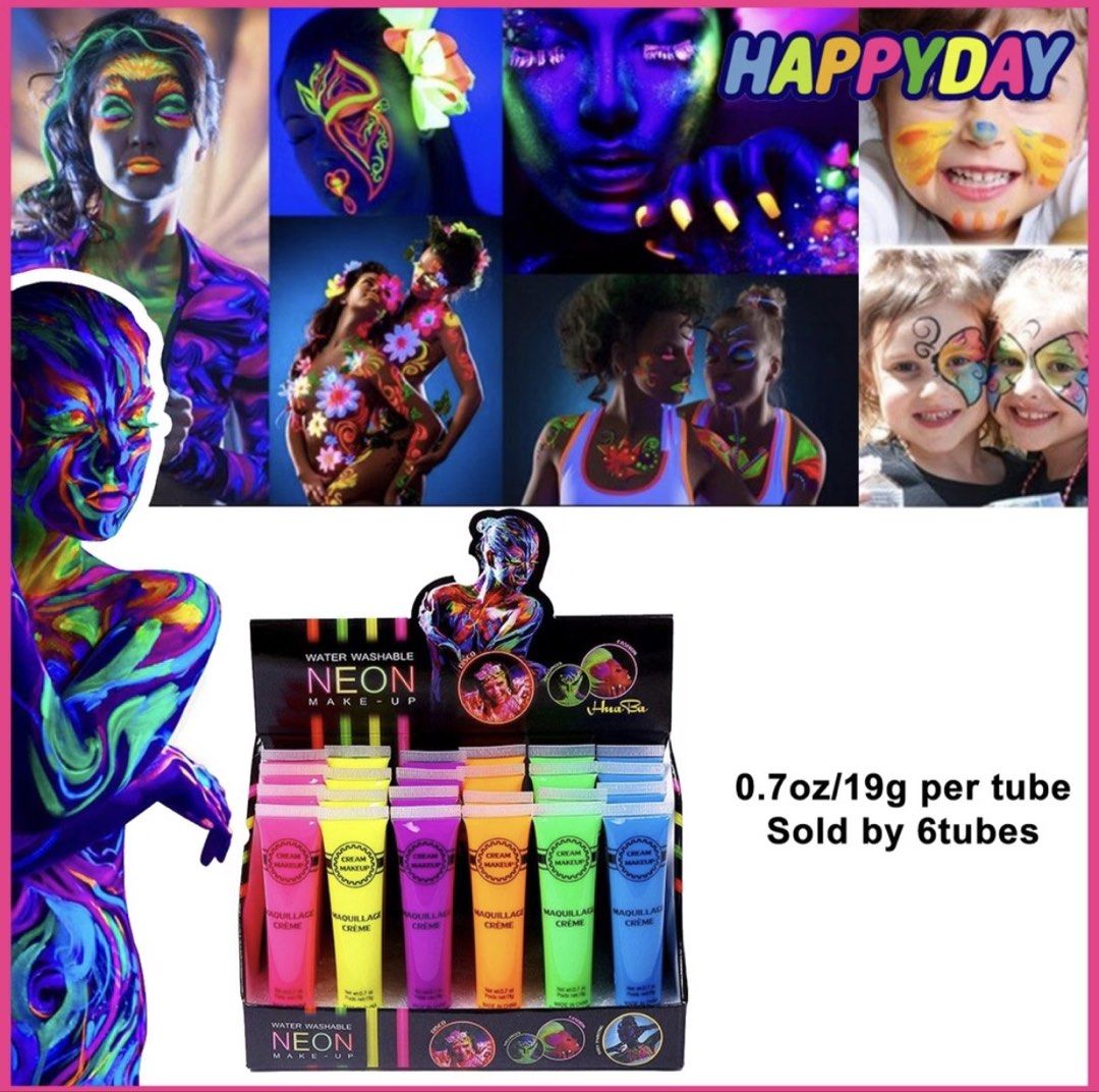 Neon Face Paint 6 Tubes Set (Category: Makeup) located in Pasig City. Submitted by pik.anik (Listing ID 1469272824, Image 1). Description: - 6 neon tubes for face and body painting - glows in the dark - easy to remove - Each tube contains 0.7oz (19g) of product - Ideal for parties, music festivals, halloween, and creative makeup looks - opened to swatch rfs: change in costume.
