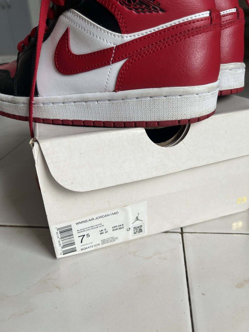 Nike Air Jordan 1 Mid (Category: Sneakers) located in Imus. Submitted by gabcmn (Listing ID 1469336302, Image 2). Description: - Model: Air Jordan 1 Mid (Black/White/Gym Red) - Size: Women's US 7.5 - Condition: Clean uppers with minimal wear on soles - Inclusion: Original box with matching style number (BQ6472-079) - Style: Classic high-top streetwear Rfs: di na nasusuot kasi tumaba paa. Bought it from Nike app for 6,385.50.