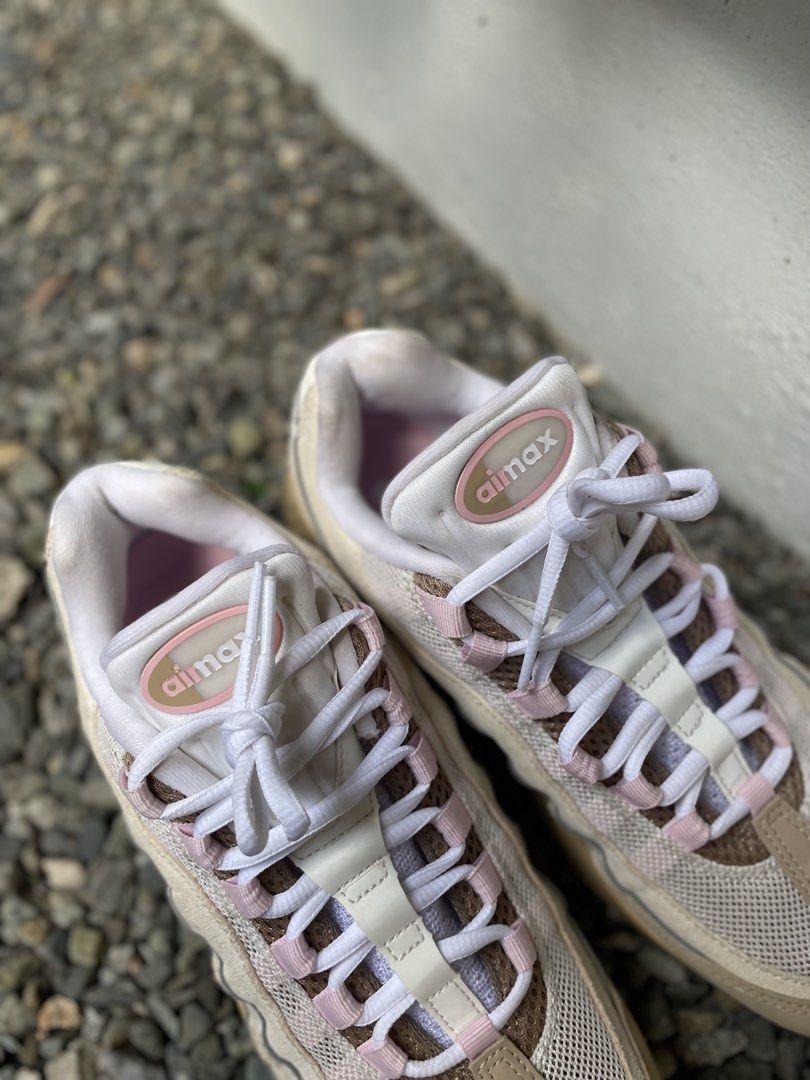 Nike Air Max 95 (Category: Sneakers) located in Baguio. Submitted by jomelcavit29012 (Listing ID 1469251153, Image 3). Description: Nike Air Max 95 - Condition : Brand new - Colorway: Desert Sand & Pink - Size: US 10 / UK 7.5 / EUR 42 - Size 10 Women’s 8.5 Men’s - Materials: Classic wavy panel design with mesh and suede uppers - Details: Visible Air units with pink cushioning, white laces, and padded ankle collars - Condition: Clean overall shape