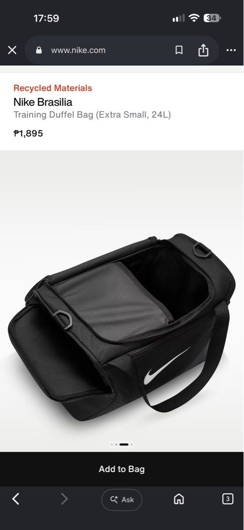 Nike Brasilia Training Duffel Bag Extra Small 24L (Category: Sling Bags) located in Makati City. Submitted by regalbbb (Listing ID 1469366693, Image 3). Description: Original Price: Around ₱1800, bought at Toby's Sports RFS: Already too many gym bags Condition: Never used it - Brand/Model: Nike Brasilia Training Duffel Bag (Extra Small) - Capacity: 24L - compact and lightweight - Color: Classic Black with prominent white Swoosh logo - Storage: Ma