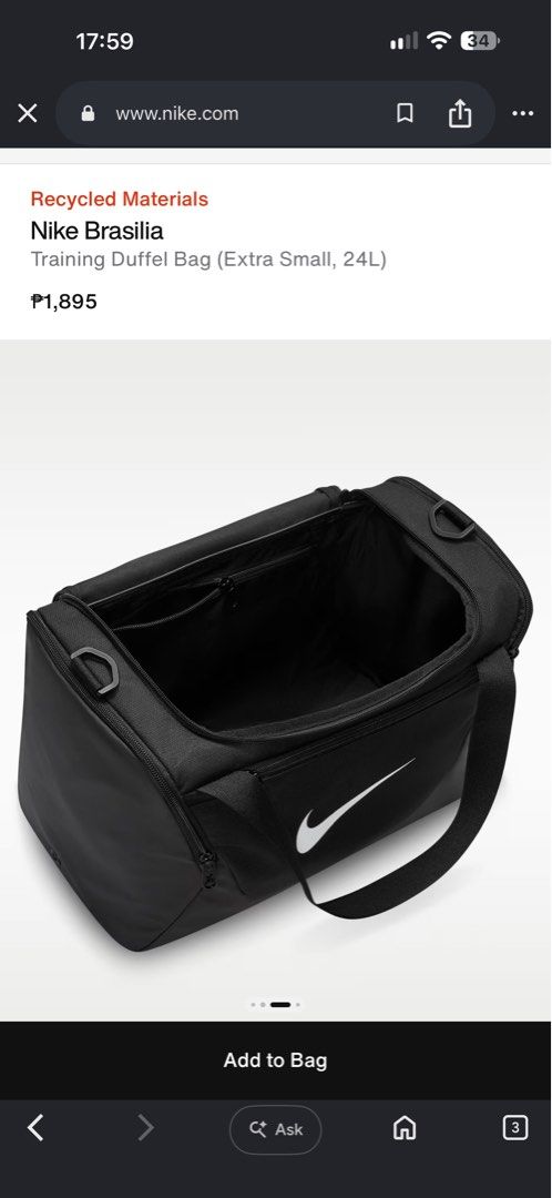 Nike Brasilia Training Duffel Bag Extra Small 24L (Category: Sling Bags) located in Makati City. Submitted by regalbbb (Listing ID 1469366693, Image 2). Description: Original Price: Around ₱1800, bought at Toby's Sports RFS: Already too many gym bags Condition: Never used it - Brand/Model: Nike Brasilia Training Duffel Bag (Extra Small) - Capacity: 24L - compact and lightweight - Color: Classic Black with prominent white Swoosh logo - Storage: Ma