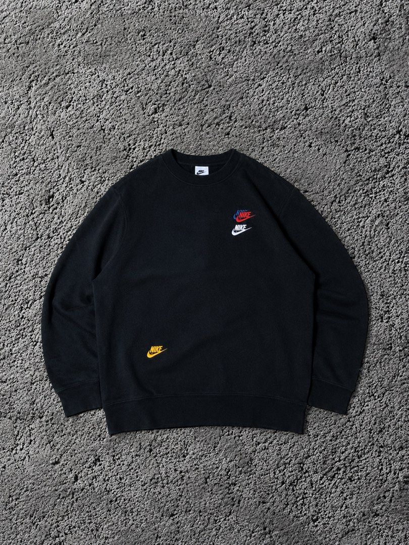 Nike Multi-Logo Black Crewneck Sweatshirt (Category: Coats, Jackets and Outerwear) located in Polangui. Submitted by thrift2house (Listing ID 1469386214, Image 1). Description: - Authentic black Nike crewneck sweatshirt - Eye-catching colorful stacked logos on the chest with a yellow logo near the bottom hem - Soft and cozy fleece interior for ultimate comfort - Classic ribbed collar, cuffs, and hem - Standard fit, perfect for versatile everyday 