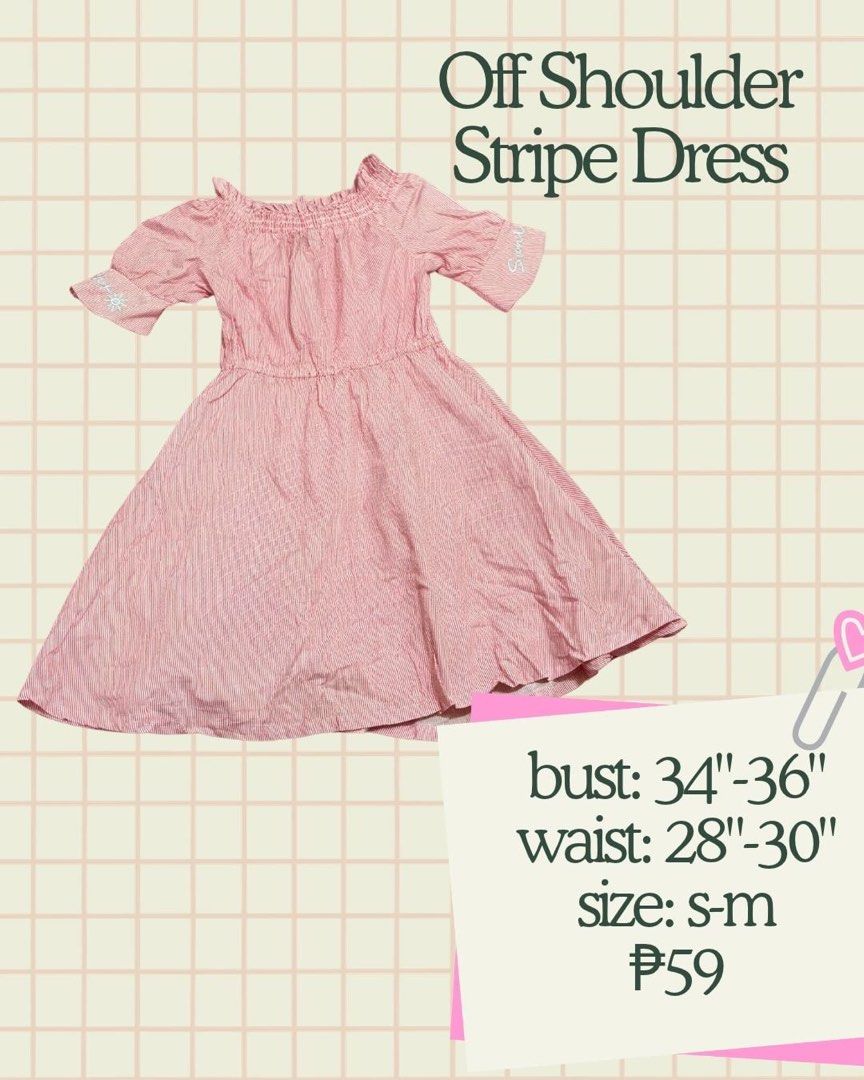 Off Shoulder Stripe Dress (Category: Dresses) located in Manila. Submitted by dreaeaeaeaea (Listing ID 1469249308, Image 1). Description: - Style: Red and white striped off-shoulder dress with flared skater skirt silhouette - Details: Short puff sleeves with cute small graphics, smocked elastic neckline and waist for an easy, comfortable fit - Size/Fit: Best fits small to medium frames - Measurements: Bust 34 to 36 inches | Waist 28 to 30 inches 