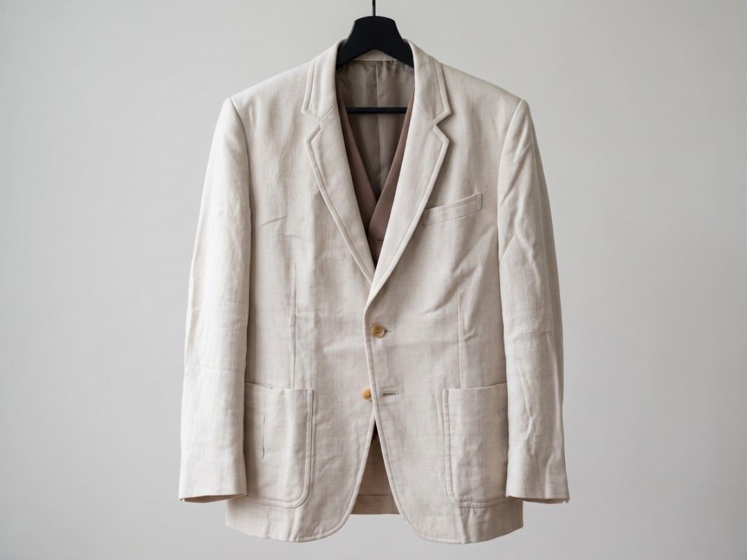 Off white linen blazer (Category: Coats, Jackets and Outerwear) located in Manila. Submitted by ditrik26 (Listing ID 1469326919, Image 1). Description: 100% heavy linen dimensions: 21 x 31.5" Needs dry clean decluttering meetup or send via lalamove.