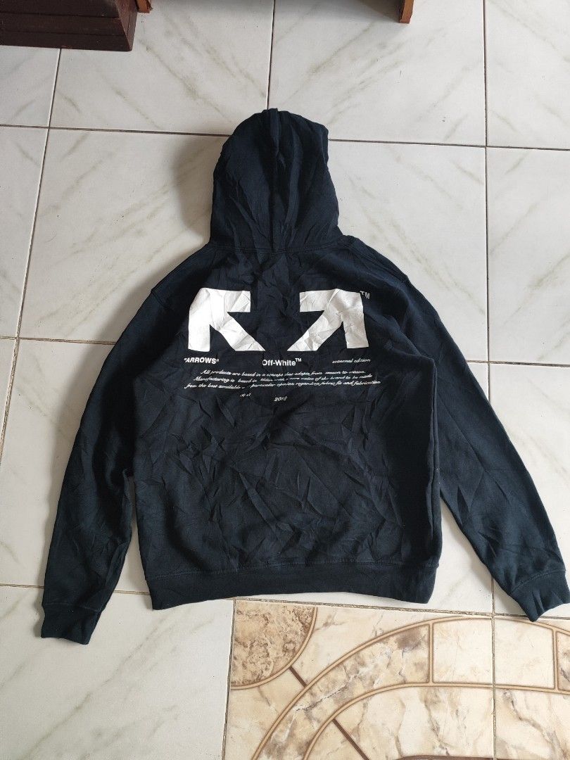 Off-White Black Arrows 03 Hoodie (Category: Coats, Jackets and Outerwear) located in Tuguegarao City. Submitted by johnpetera0818 (Listing ID 1469214075, Image 1). Description: - Brand: Off-White -20.5 width 24 length - Color: Black - Design: Bold '03' print on front, classic diagonal arrows and seasonal text on back - Details: Drawstring hood with branded ribbon - Material: Soft fleece interior for extra warmth - Origin: Made in Portugal - Condi