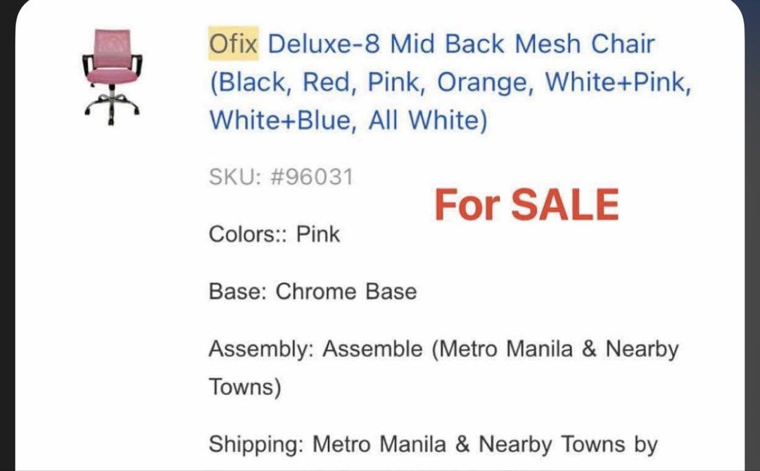 OFIX pink back mesh chair (Category: Chairs) located in Manila. Submitted by mbgeslanimd (Listing ID 1469214040, Image 2). Description: .