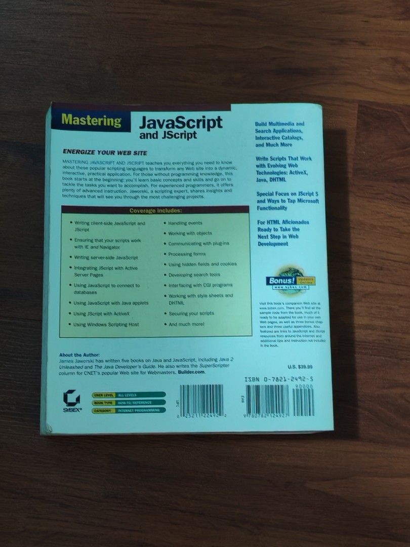 old JavaScript book (Category: Storybooks) located in Singapore. Submitted by ghj672 (Listing ID 1469278996, Image 2). Description: old book published 1999 - Title: JavaScript and JScript Programming Reference Guide - Author: James Jaworski (Published by Sybex).