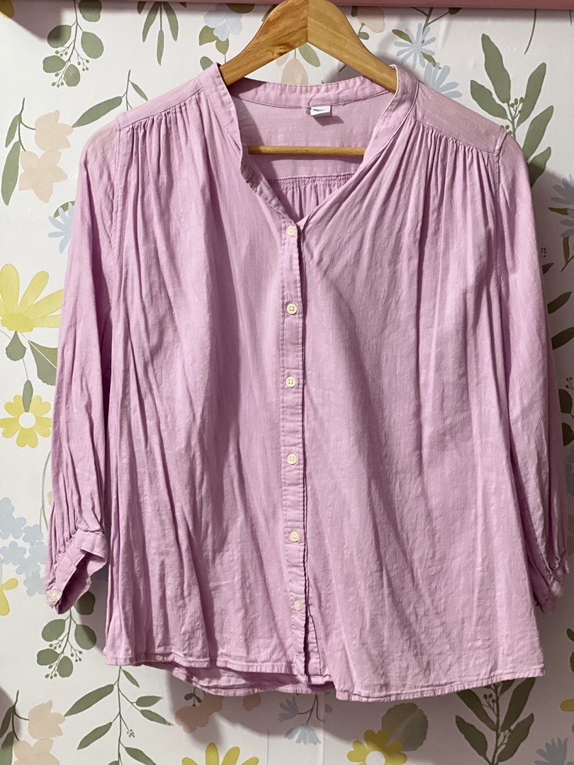 Old Navy Light Purple Button Down Blouse Size S (Category: Blouses) located in Pasig City. Submitted by morilove (Listing ID 1469162013, Image 1). Description: - Brand: Old Navy - Color: Pastel Purple - Size: Small - Material: Cotton and rayon blend (soft, lightweight, and comfortable) - Details: Gathered neckline and button cuffs - Care: Machine washable - Condition: Great quality everyday wear.