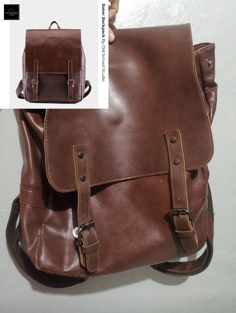 Old School Studio Baker Backpack (Category: Laptop Bags & Sleeves) located in Maramag. Submitted by allenarchive (Listing ID 1469318913, Image 1). Description: Baker Backpack by Old School Studio Price: ₱799 negotiable - Condition: 9/10 - Color: Classic Dark Brown - Style: Vintage, classic, minimalist, retro - Laptop capacity: Fits 12–14 inch laptops - Dimensions: 38 × 30 × 11 cm Flaws: 2–3 small, barely noticeable tears on the leather material. 