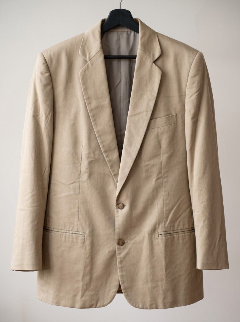 Oleg Cassini Beige 2 button Blazer (Category: Coats, Jackets and Outerwear) located in Manila. Submitted by ditrik26 (Listing ID 1469342227, Image 1). Description: ​Style: 2-Button Single-Breasted Sport Coat / Blazer ​Color: Warm Sand ​Closure: Two-button front with tortoiseshell-style buttons ​Pockets: Welt chest pocket, double-jetted waist pockets ​Condition:Pre-owned vintage Dimensions: 22" x 34" Needs wash/dryclean No issues Decluttering.