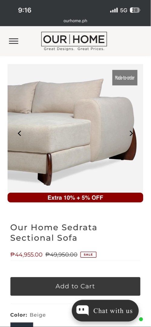 Our Home Sedrata Sectional Sofa Beige (Category: Sofas) located in Quezon City. Submitted by peytyancha (Listing ID 1469262512, Image 3). Description: - Slightly used - Beige Sofa Delivery fee shall be shouldered by the buyer. Loc: The Cresmont.