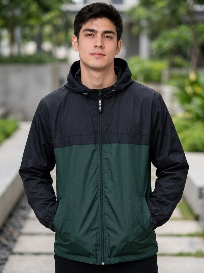 PACKABLE VINTAGE CHEETAH COLORBLOCK WINDBREAKER (Category: Coats, Jackets and Outerwear) located in Pagsanjan. Submitted by thriftyclothes33 (Listing ID 1469303983, Image 1). Description: 🔥 VINTAGE CHEETAH COLORBLOCK WINDBREAKER☔ 🏔️ 🐆 ✨ Black & dark hunter green colorblock design ✨ 100% nylon lightweight shell ✨ Water-repellent finish ✨ Full-zip front closure ✨ Attached hood ✨ Great for casual & outdoor wear 🏷️ Size XL on tag 📏 Width 29" • L
