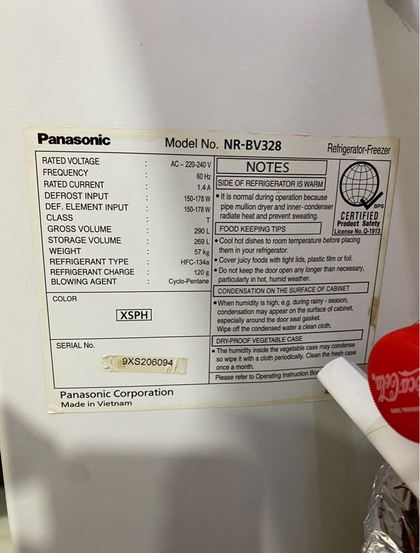 Panasonic NR-BV328XSPH Inverter Refrigerator (Category: Refrigerators and Freezers) located in Mandaluyong City. Submitted by rlenepalayp (Listing ID 1469347346, Image 3). Description: - Brand/Model: Panasonic NR-BV328XSPH Refrigerator - Type: Two-door bottom freezer with stainless steel finish - Control: Digital touch control panel on the door - Capacity: 290L gross volume / 269L storage volume - Power: 220-240V, 60Hz - Condition: Clean, working