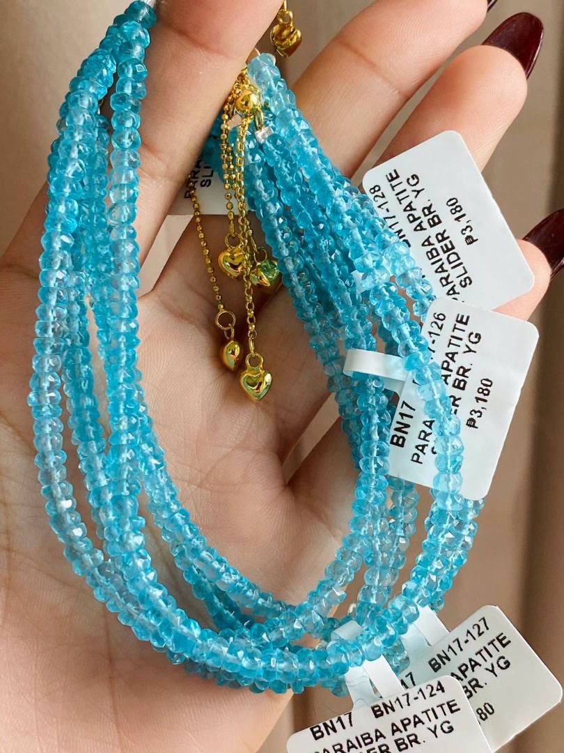Paraiba Apatite Slider Bracelet (Category: Bracelets) located in Baguio. Submitted by asna_taku (Listing ID 1469256019, Image 2). Description: 💎 Paraiba Apatite Slider Bracelet 💙✨ A captivating pop of ocean blue! Featuring faceted paraiba apatite gemstones in a vibrant turquoise hue, this bracelet catches the light beautifully with every movement. Finished with a yellow gold lock and an adjustable slider design, it’s the perfect blend of refres