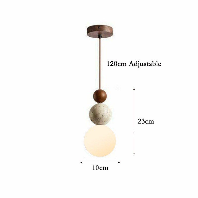Pendant Light (Category: Lighting) located in Makati City. Submitted by max_lilo (Listing ID 1469295038, Image 2). Description: - Style: Wabi-sabi aesthetic, modern minimalist pendant light - Travertine - Condition: Brand new, unopened in original packaging box with bubble wrap - Dimensions: Total height adjustable up to 120cm, fixture body measures 23cm x 10cm - Materials: Wooden ceiling plate, dark wood sphere, textured stone sphere, and froste