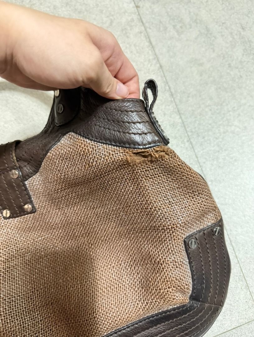 Philippe Charriol Vintage Bag (Category: Shoulder Bags) located in Malabon City. Submitted by angelamaclan (Listing ID 1469244306, Image 3). Description: - Brand: Charriol - Material: Brown woven fabric body with dark brown leather trim and handles - Accents: Metallic studs on side reinforcements - Flaws: Visible fraying on the woven fabric near the upper edge, and minor yellowing stains on the interior lining - Condition: Pre-loved, well-kept ov