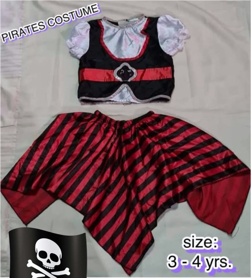 Pirates Costume Size 3-4 yrs (Category: Babies & Kids Fashion) located in Marikina City. Submitted by reloved.closet26 (Listing ID 1469207424, Image 1). Description: Pirates costume for young kids. Fits ages 3 to 4 years old. Black and white top with short puffy sleeves and a red waist sash. Matching red and black striped skirt with an asymmetrical hem. Fun outfit for dress-up days, parties, or Halloween. Clean fabric with bright colors..