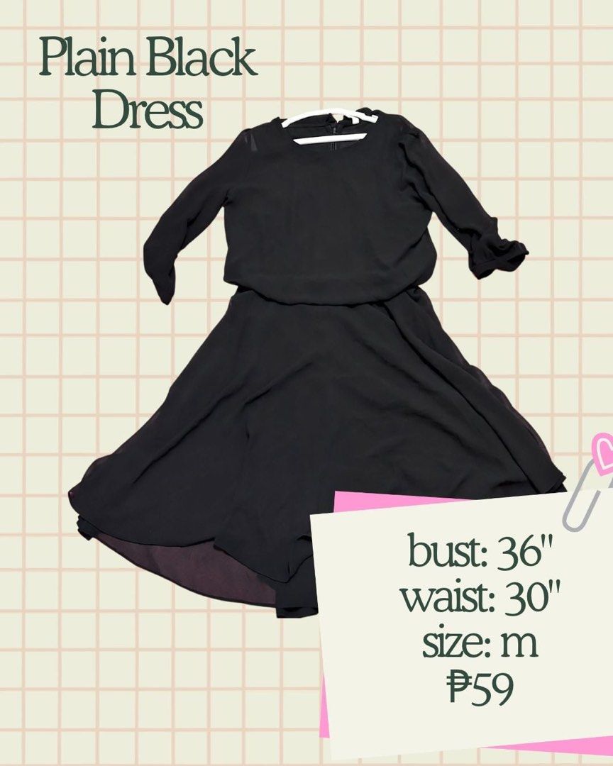 Plain Black Dress Size M (Category: Dresses) located in Manila. Submitted by dreaeaeaeaea (Listing ID 1469248498, Image 1). Description: - Color: Classic black - Style: Long sleeves with a flared skirt - Size: M (Bust: 36 inches, Waist: 30 inches) - Material: Lightweight with a lined hem - Condition: Excellent - Perfect for: Everyday wear, casual outings, or easy styling.