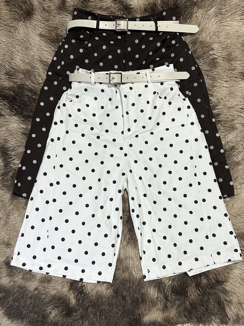Polka Jorts with Belt (Category: Shorts) located in Manila. Submitted by bizfits_ (Listing ID 1469358281, Image 1). Description: - Polka dot high-waist shorts - Available in 2 colors: Black and White - Includes matching white belt with silver buckle - Features functional front pockets - Knee-length, retro-inspired style - Easy to pair with basic tees and tanks - Perfect addition to your warm-weather wardrobe - Brand new and ready to ship!.